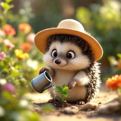 The primary subject of the image is a small, cute hedgehog wearing a hat and holding a watering can. The setting is a garden with a variety of flowers, including a potted plant. The visual style is a combination of photo and digital art, creating a whimsical and charming scene. The colors are predominantly pastel, giving the image a soft and cheerful atmosphere.